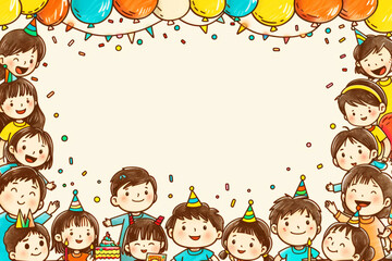 Obraz na płótnie Canvas Happy Kids Frame with Birthday Party Elements and Balloons