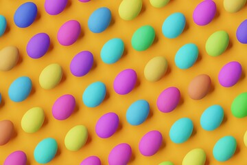 Many colorful eggs on orange background. Top flat view, diagonal grid. 3d render, illustration