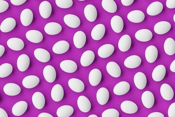 Many white eggs on purple background. Top flat view, diagonal grid. 3d render, illustration