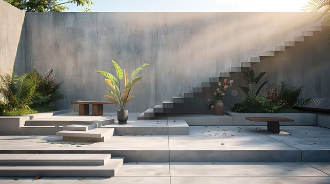a cement staircase characterized by steps of varying heights and dimensions, accompanied by ample space for seating furniture and a table, along with designated holes for planting vases.