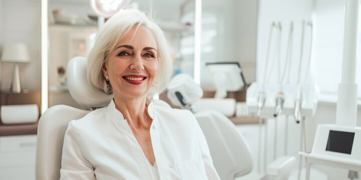 mature woman at dentist. Middle aged beautiful woman having teeth examination and consultation with dentist at the dental office. Teeth whitening, dental treatment, oral hygiene, teeth restoration
