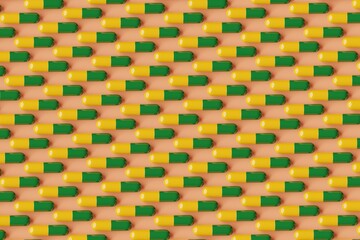 Many green and yellow pills on coral background. Top flat view, diagonal grid. 3d render, illustration
