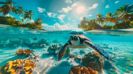 Foto auf Acrylglas Sea turtle swims through a colorful coral reef © HUMANIMALS