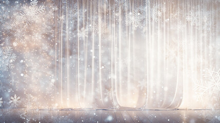 bright Christmas glowing festive winter background, small golden and white lights of garlands on the background of a blurred snowfall of snowflakes