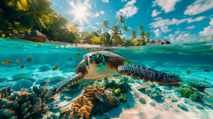 Sea turtle swims through a colorful coral reef - obrazy, fototapety, plakaty