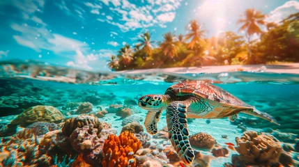 Rolgordijnen Sea turtle swims through a colorful coral reef © HUMANIMALS