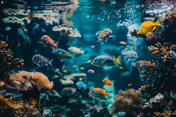 Exotic fish among coral reefs in blue water