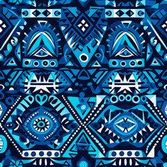 A blue and white patterned design with a lot of triangles and circles