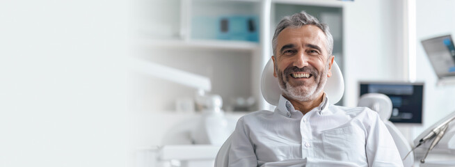 Happy mature man at dentist banner. Middle aged handsome man having teeth examination and consultation with dentist at dental office. Teeth whitening, dental treatment, oral hygiene, teeth restoration - obrazy, fototapety, plakaty