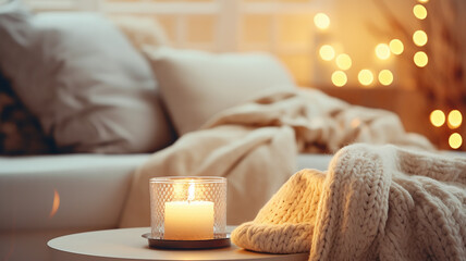Fototapeta na wymiar background home comfort, pastel colors of the interior burning candles the atmosphere of the winter holiday of Christmas