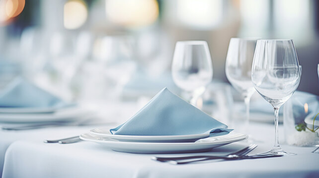 table setting in the restaurant interior light blue tones mediterranean style