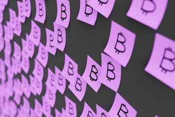 Many violet stickers on black board background with bitcoin symbol drawn on them. Closeup view with narrow depth of field and selective focus. 3d render, Illustration