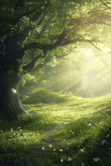 Mystical Morning Light in a Peaceful Green Forest