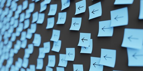 Many blue stickers on black board background with arrow pointing left symbol drawn on them. Closeup view with narrow depth of field and selective focus. 3d render, Illustration