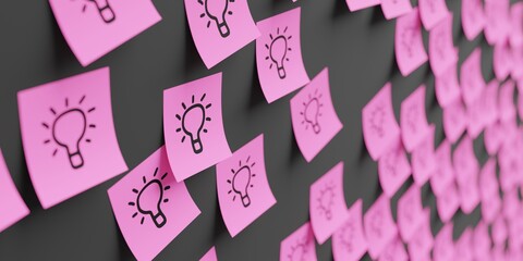 Many pink stickers on black board background with lamp symbol drawn on them. Closeup view with narrow depth of field and selective focus. 3d render, Illustration