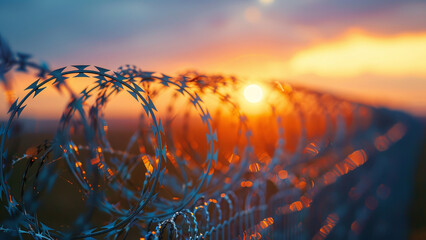 Boundaries of Division: Barbed Wire Along Country Border - obrazy, fototapety, plakaty