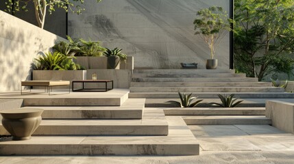 a cement staircase characterized by steps of varying heights and dimensions, accompanied by ample space for seating furniture and a table, along with designated holes for planting vases.