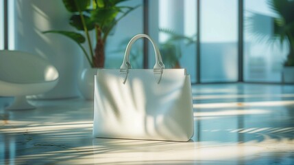 A white purse with a gold strap sits on a table in front of a plant - obrazy, fototapety, plakaty