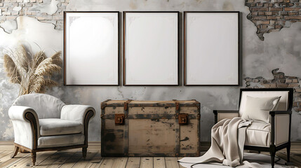 Multi mockup poster frames on a vintage trunk, near a chic accent chair