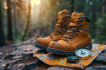 Hiking boots with compass and map in golden hour
