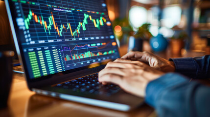 Naklejka premium Trader investor analyst using laptop app for cryptocurrency stock market, analyzing graph trading data index investment growth chart, plans strategy. Close-up of male hands typing on PC. Data analysis