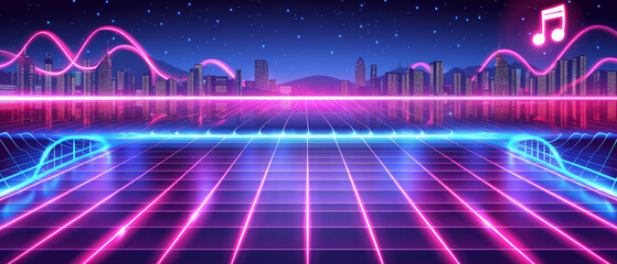 Neon Rhythms Over Digital Cityscape, Synthwave Music Concept
