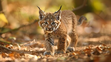 Close-up of a beautiful eurasian lynx cub walking in the forest 