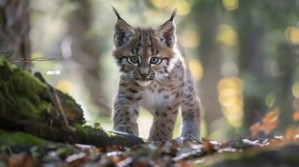 Close-up of a beautiful eurasian lynx cub walking in the forest 