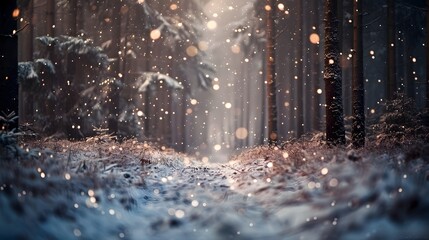 A snowy forest path with trees covered in snow - Powered by Adobe