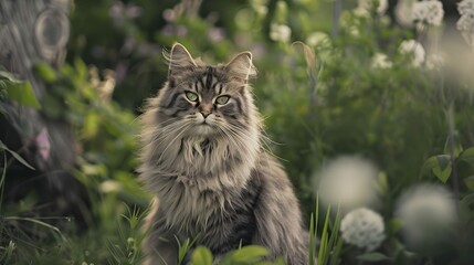 Naklejka na ściany i meble Closeup of a cute Norwegian forest cat sitting in the garden