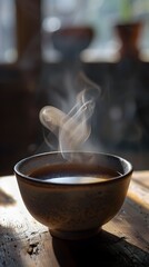 A cup of tea is sitting on a wooden table, with steam rising from it