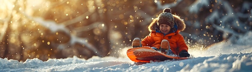 A young girl is sliding down a snow-covered hill on a sled - obrazy, fototapety, plakaty