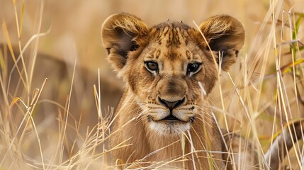 Close-up of lion cub (Panthera leo) in dry grass; Kenya