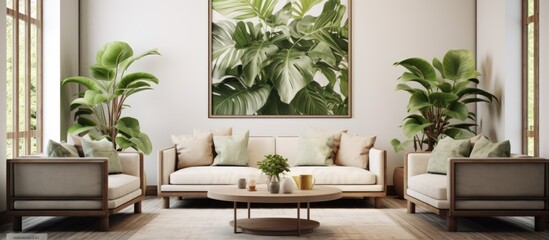 Living room interior with botanical posters and sofa in the background