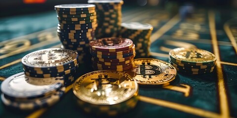 A pile of gold and silver colored poker chips with a Bitcoin symbol - Powered by Adobe