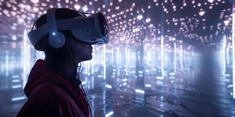 A girl wearing a VR headset is touching a screen with a green background