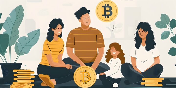 A family of four is sitting on the floor in front of a computer monitor with a Bitcoin symbol