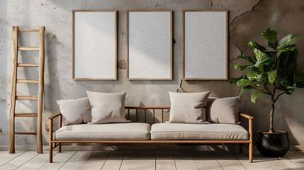 Multi mockup poster frames on a rustic wooden ladder, near a stylish settee