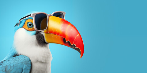 Toucan wearing sunglasses on a blue background. Beautiful Background, Generative AI.
