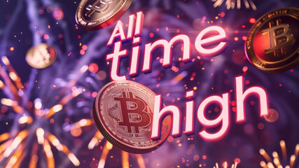 Bitcoin All Time High, BTC crypto ATH celebration with fireworks. Cryptocurrency coin reaches the highest price ever and hits the new record