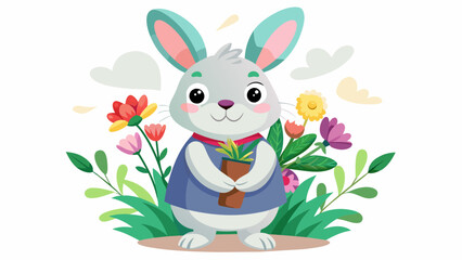 Easter Bunny Delight Charming Rabbit Holding a Blossoming Flower - Vector Illustration