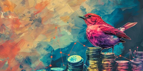A colorful bird with a beak is perched on top of a pile of coins