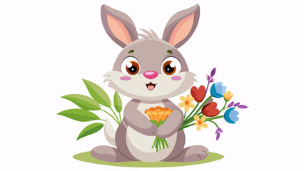 Easter Bunny Delight Charming Rabbit Holding a Blossoming Flower - Vector Illustration