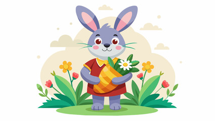 Easter Bunny Delight Charming Rabbit Holding a Blossoming Flower - Vector Illustration
