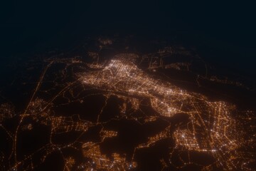 Aerial view on Ufa (Russia) from east. Top view on modern city at night from satellite