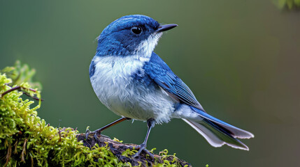 Cute Blue Bird Rests on Mossy Perch with Far Blur Green Backdrop