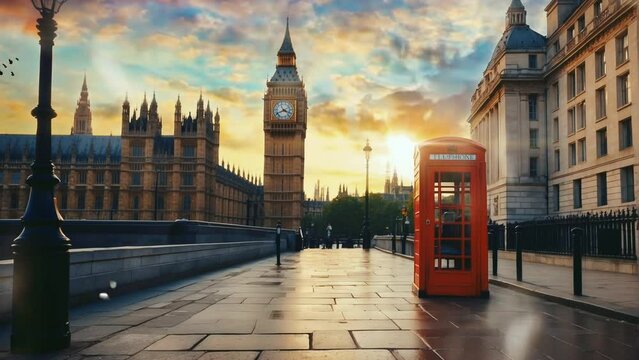 Red telephone box in London with Big Ben in the background. Seamless looping 4k video animation.