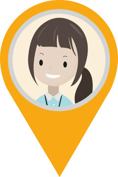 Cute female cartoon character in map pointer marker pin, graphic design no background 