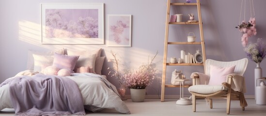 Feminine bedroom interior with ladder, pink blanket, lavender flowers, and posters.