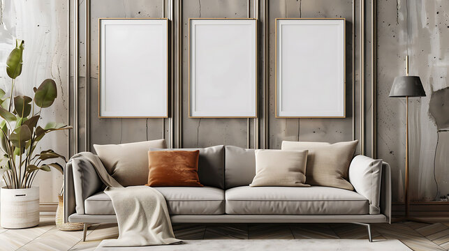 Multi mockup poster frames on fabric paneled wall, near plush velvet settee, Scandinavian style living room
